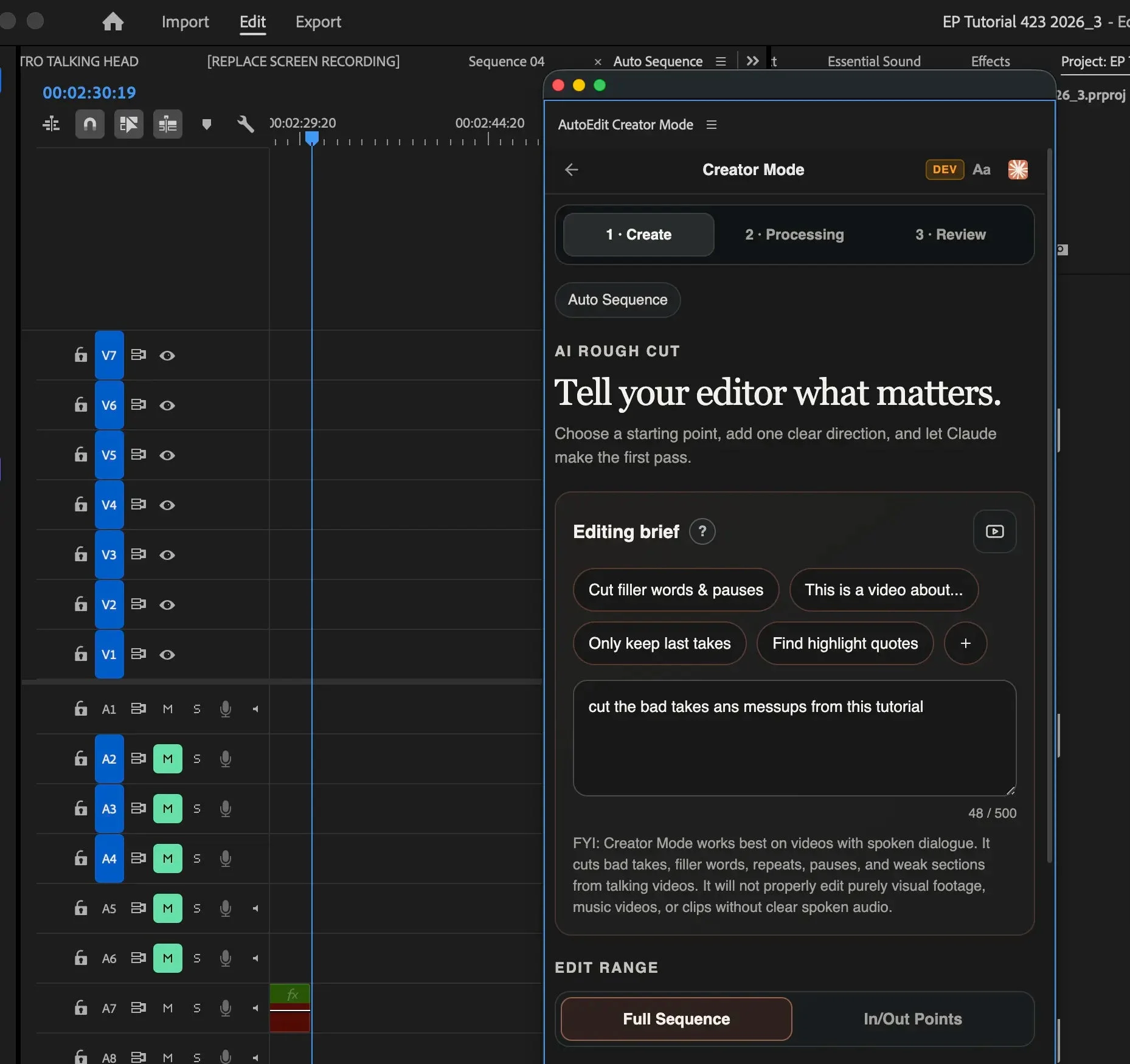 AutoEdit Creator Mode open beside a Premiere Pro timeline