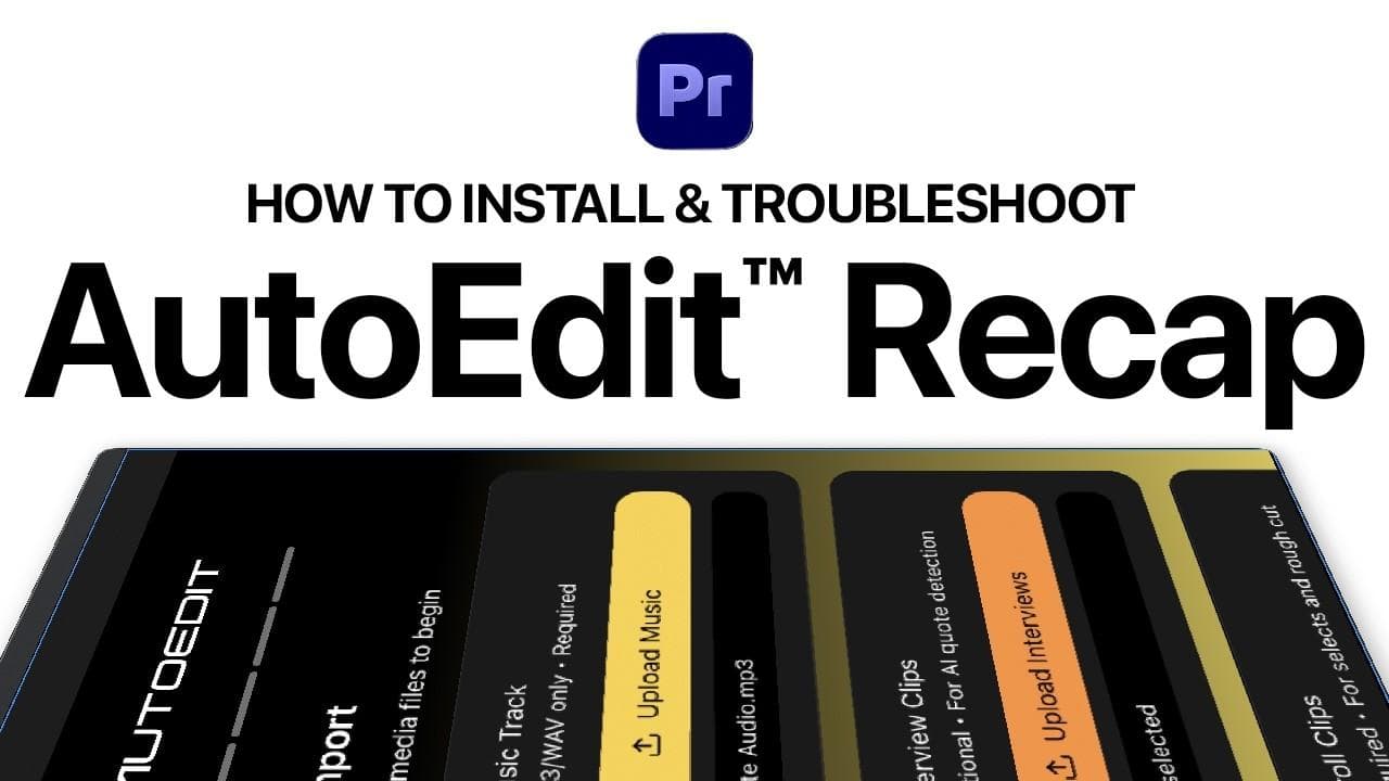 AutoEdit Event Recap Mode tutorial thumbnail showing the plugin panel with upload buttons for music, interviews, and B-roll clips