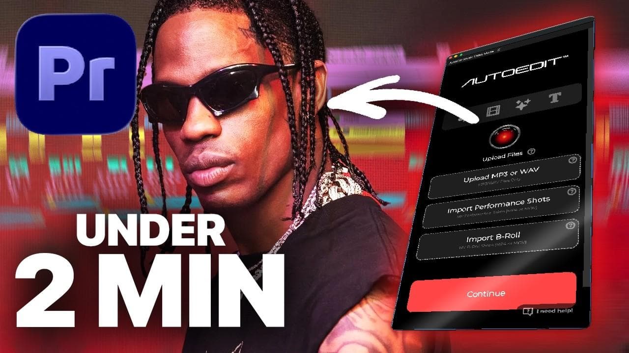 AutoEdit Music Video Mode tutorial thumbnail showing the plugin panel with upload buttons for music, performance takes, and B-roll