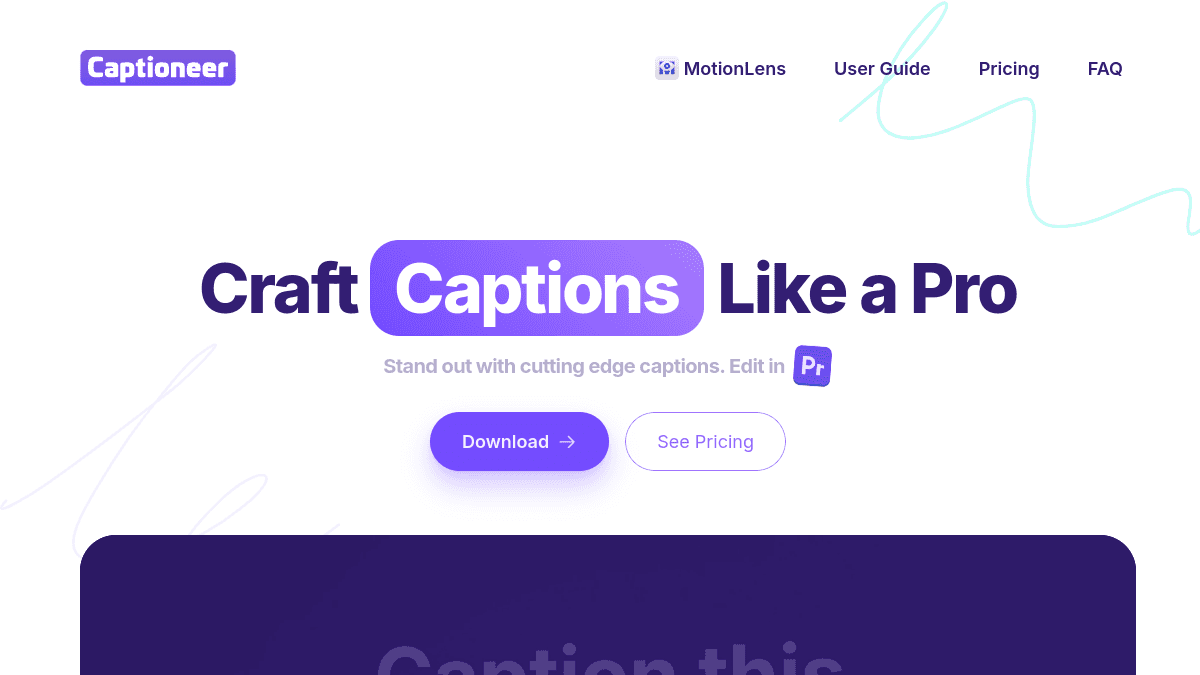 Captioneer product page for animated captions built inside Adobe Premiere Pro