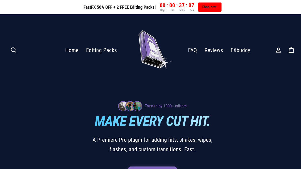 FastFX product page for a Premiere Pro plugin that adds hits, shakes, wipes, flashes, and custom transitions