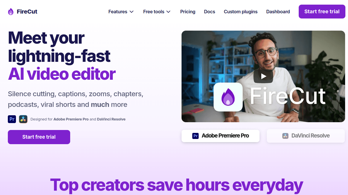 FireCut product page describing silence cutting, captions, zooms, chapters, podcasts, and viral shorts for Premiere Pro and DaVinci Resolve