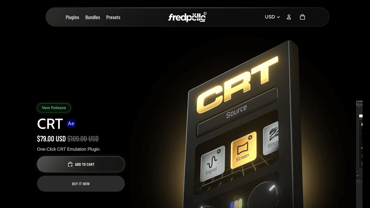 CRT by Fred Pelle product page for a one-click CRT emulation plugin for After Effects