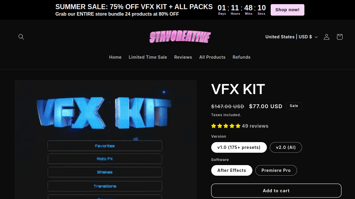 VFX Kit product page showing preset categories for favorites, roto FX, shakes, and transitions in After Effects and Premiere Pro