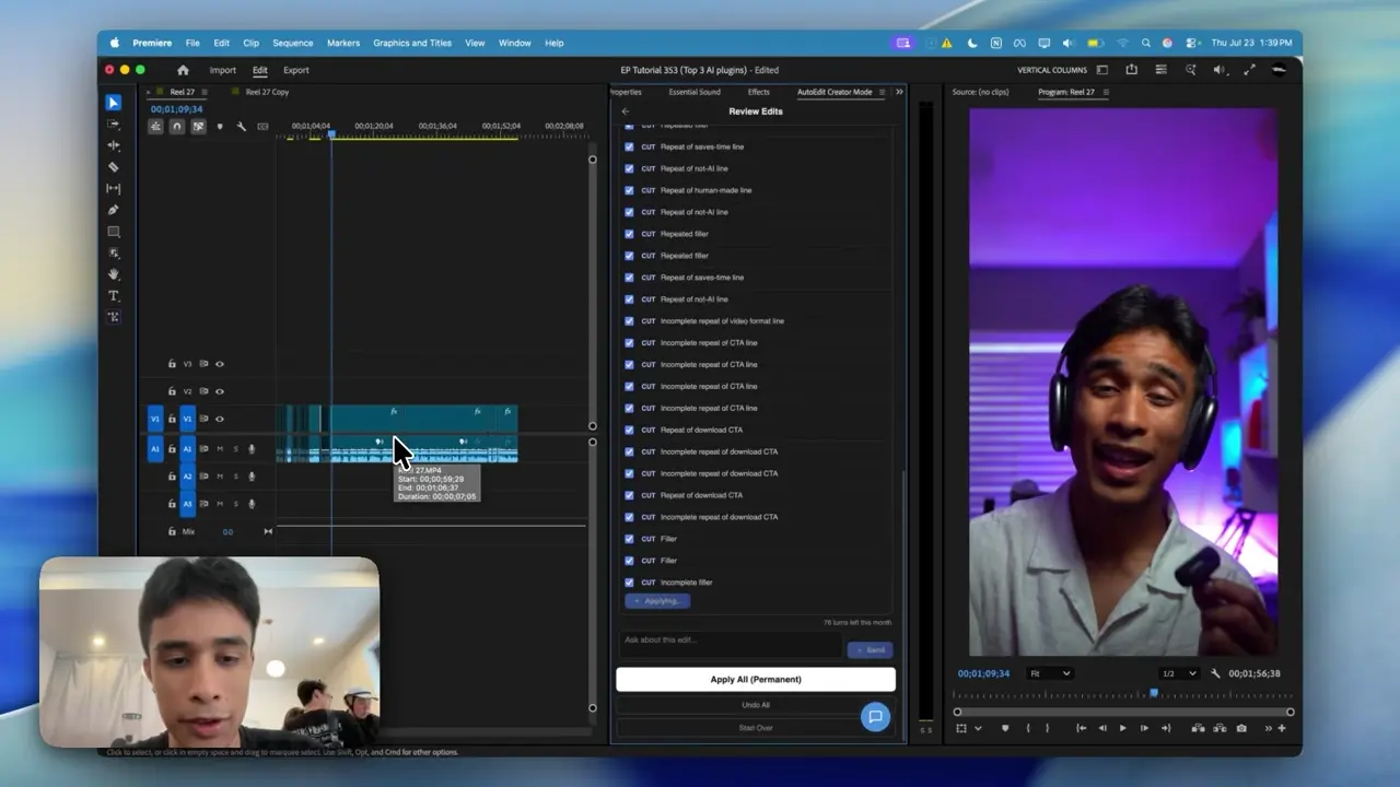 Automatic AI rough cut applied to a Premiere Pro timeline