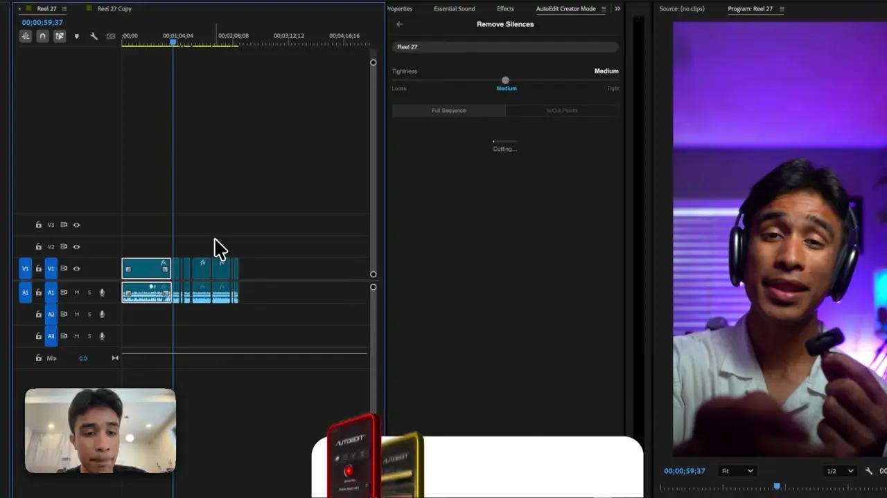 Transcription and Claude Chat Edit plugin open next to an Adobe Premiere Pro timeline