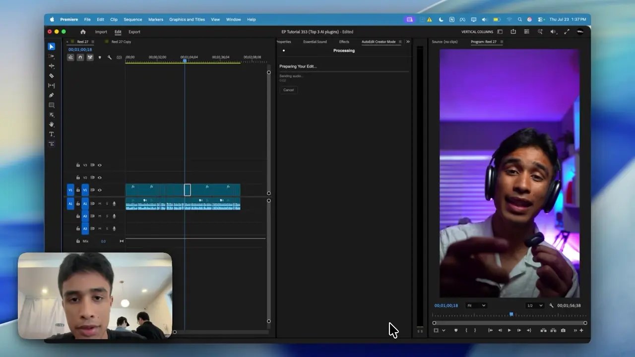 Claude processing a Premiere Pro sequence through AutoEdit Creator Mode