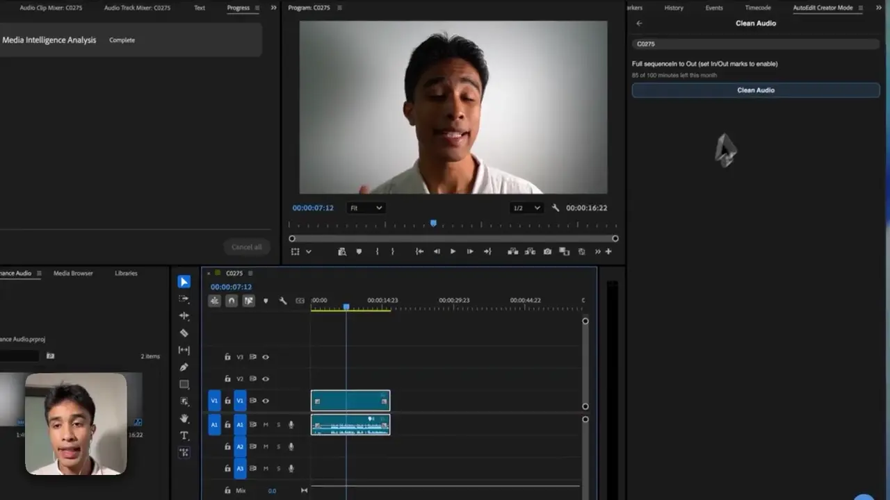 Clean Audio plugin open next to an Adobe Premiere Pro timeline