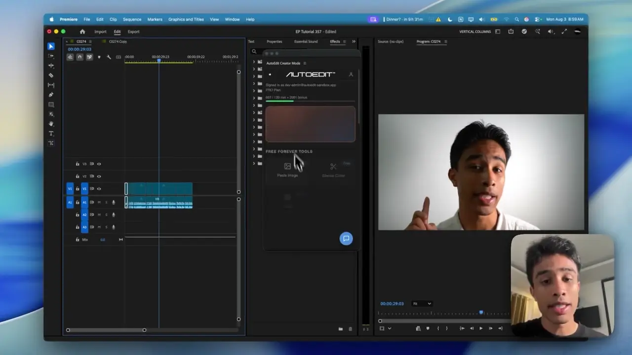 Claude Creator prompts plugin open next to an Adobe Premiere Pro timeline