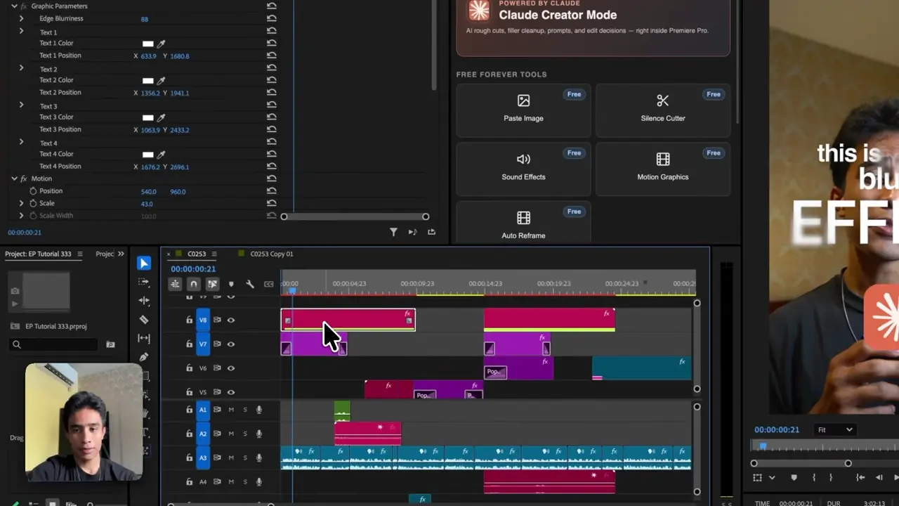 Visual editing workflow plugin open next to an Adobe Premiere Pro timeline