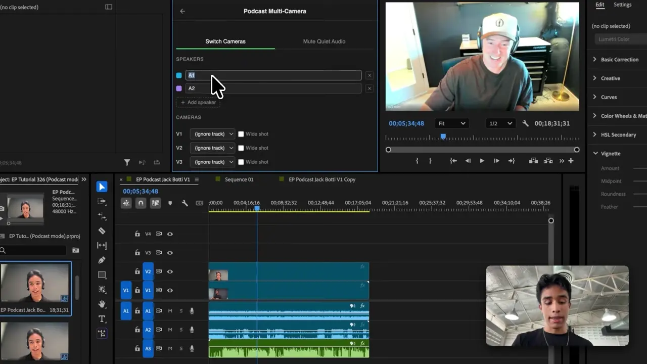 Podcast speaker mapping plugin open next to an Adobe Premiere Pro timeline
